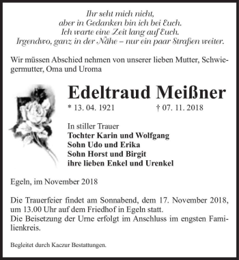 Traueranzeige von Edeltraud Meißner  von Magdeburger Volksstimme