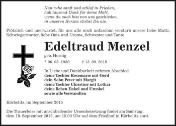 Traueranzeige von Edeltraud Menzel (geb. Hornig)  von Magdeburger Volksstimme
