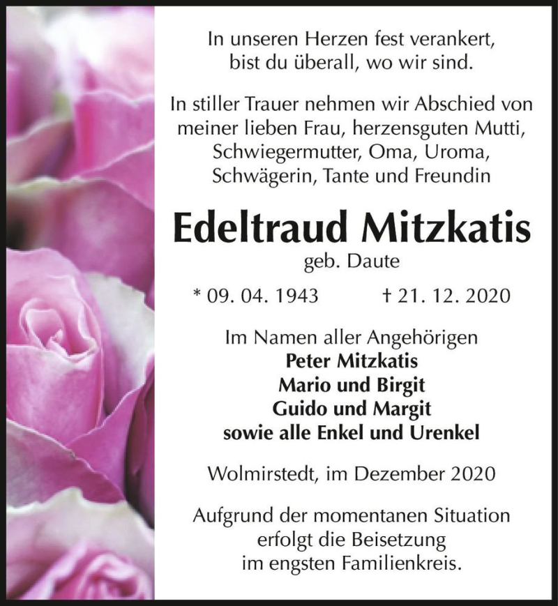  Traueranzeige für Edeltraud Mitzkatis (geb. Daute)  vom 23.12.2020 aus Magdeburger Volksstimme