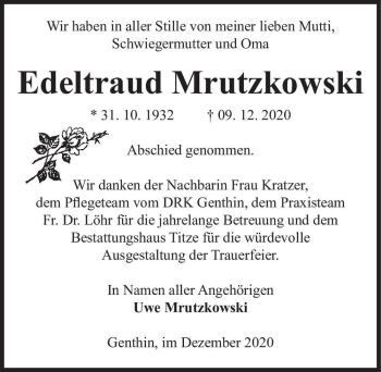 Traueranzeige von Edeltraud Mrutzkowski  von Magdeburger Volksstimme