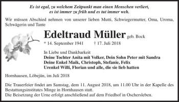 Traueranzeige von Edeltraud Müller (geb. Bock)  von Magdeburger Volksstimme