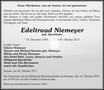 Traueranzeige von Edeltraud Niemeyer (geb. Speckhahn)  von Magdeburger Volksstimme
