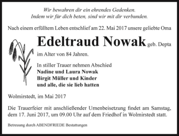 Traueranzeige von Edeltraud Nowak (geb. Depta)  von Magdeburger Volksstimme
