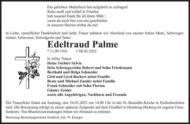  Traueranzeige für Edeltraud Palme  vom 19.03.2022 aus Magdeburger Volksstimme