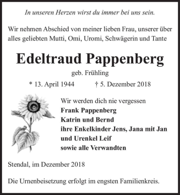 Traueranzeige von Edeltraud Pappenberg (geb. Frühling)  von Magdeburger Volksstimme