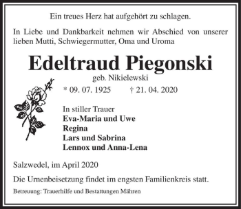 Traueranzeige von Edeltraud Piegonski (geb. Nikielewski)  von Magdeburger Volksstimme