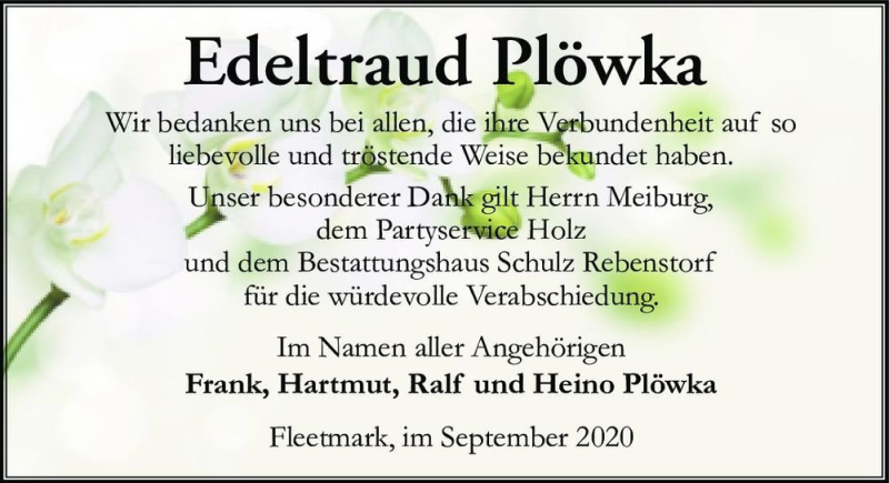 Traueranzeige für Edeltraud Plöwka  vom 19.09.2020 aus Magdeburger Volksstimme