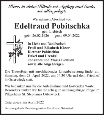 Traueranzeige von Edeltraud Pobitschka (geb. Liebisch)  von Magdeburger Volksstimme