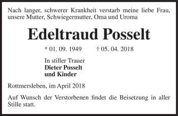 Traueranzeige von Edeltraud Posselt  von Magdeburger Volksstimme