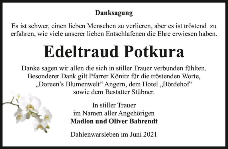  Traueranzeige für Edeltraud Potkura  vom 26.06.2021 aus Magdeburger Volksstimme