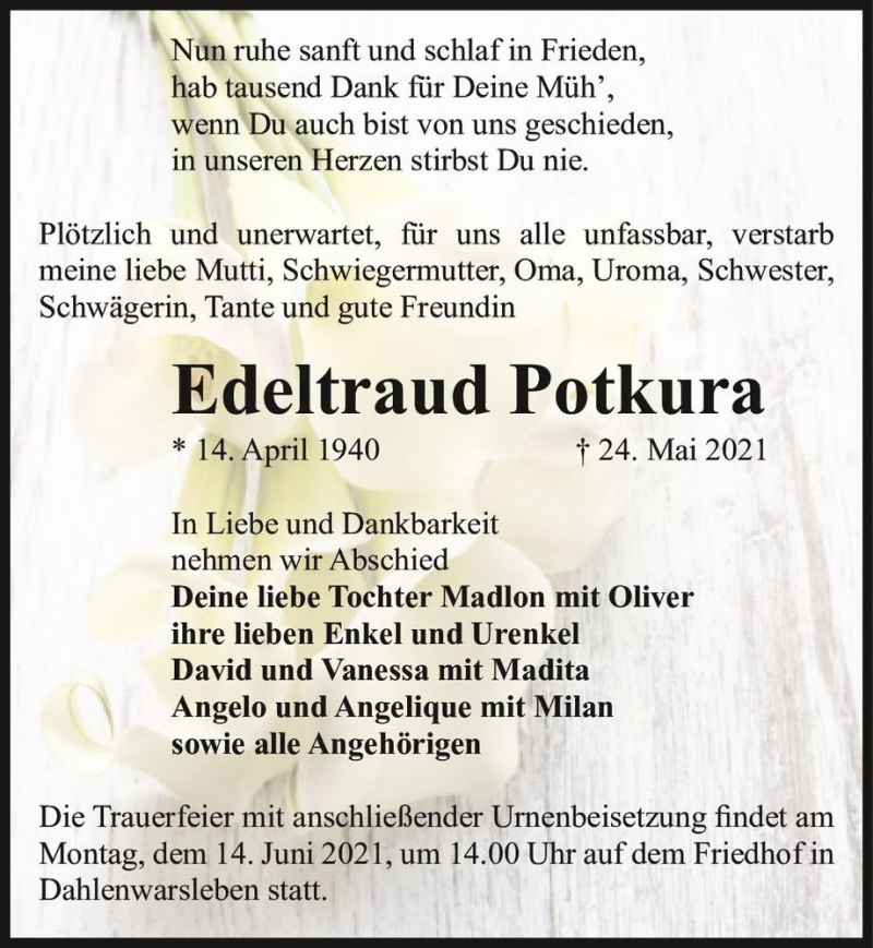  Traueranzeige für Edeltraud Potkura  vom 05.06.2021 aus Magdeburger Volksstimme