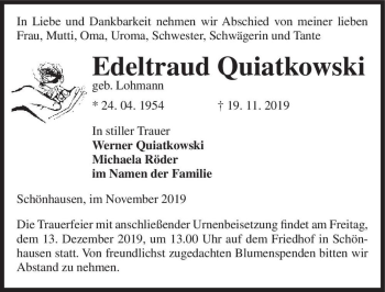 Traueranzeige von Edeltraud Quiatkowski (geb. Lohmann)  von Magdeburger Volksstimme