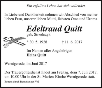 Traueranzeige von Edeltraud Quitt (geb. Strzelczyk)  von Magdeburger Volksstimme