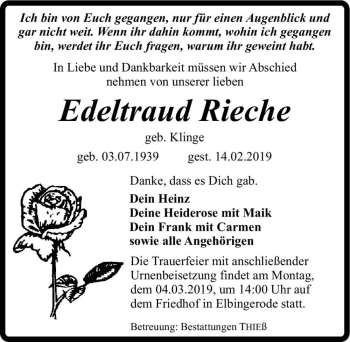 Traueranzeige von Edeltraud Rieche (geb. Klinge)  von Magdeburger Volksstimme