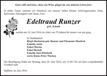 Traueranzeige von Edeltraud Runzer (geb. Schadt)  von Magdeburger Volksstimme