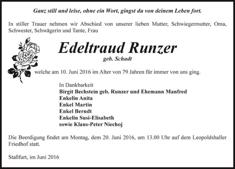  Traueranzeige für Edeltraud Runzer (geb. Schadt)  vom 16.06.2016 aus Magdeburger Volksstimme