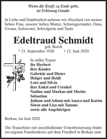 Traueranzeige von Edeltraud Schmidt (geb. Borck)  von Magdeburger Volksstimme