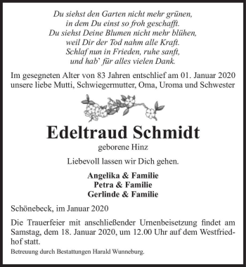 Traueranzeige von Edeltraud Schmidt (geb. Hinz)  von Magdeburger Volksstimme