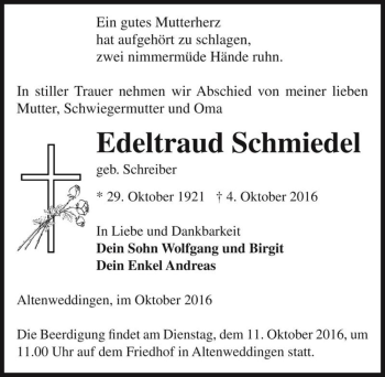 Traueranzeige von Edeltraud Schmiedel (geb. Schreiber)  von Magdeburger Volksstimme