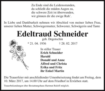 Traueranzeige von Edeltraud Schneider (geb. Degotschin)  von Magdeburger Volksstimme