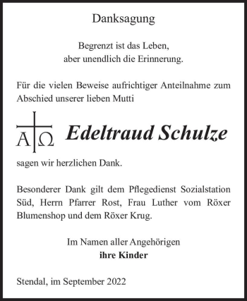 Traueranzeige von Edeltraud Schulze  von Magdeburger Volksstimme
