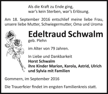 Traueranzeige von Edeltraud Schwalm (geb. Plehn)  von Magdeburger Volksstimme