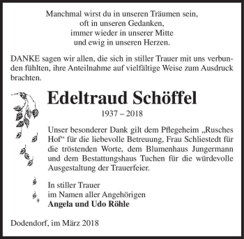 Traueranzeige von Edeltraud Schöffel  von Magdeburger Volksstimme
