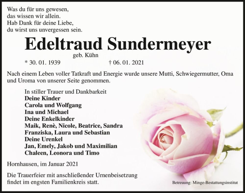  Traueranzeige für Edeltraud Sundermeyer (geb. Kühn)  vom 13.01.2021 aus Magdeburger Volksstimme