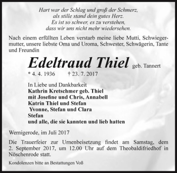 Traueranzeige von Edeltraud Thiel (geb. Tannert)  von Magdeburger Volksstimme