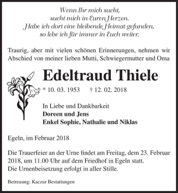 Traueranzeige von Edeltraud Thiele  von Magdeburger Volksstimme
