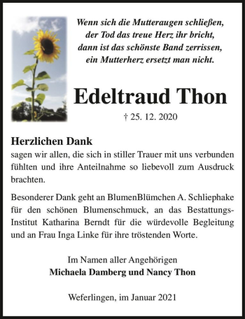 Traueranzeige von Edeltraud Thon  von Magdeburger Volksstimme