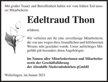 Traueranzeige von Edeltraud Thon  von Magdeburger Volksstimme