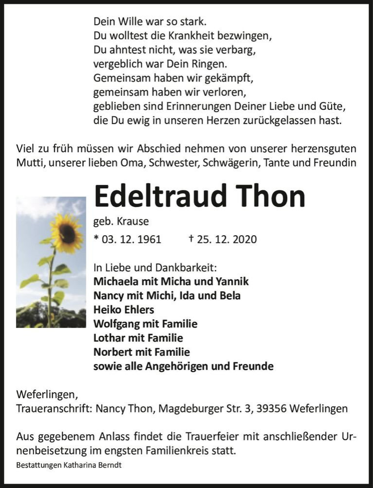  Traueranzeige für Edeltraud Thon (geb. Krause)  vom 02.01.2021 aus Magdeburger Volksstimme