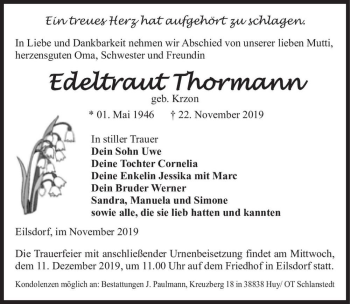 Traueranzeige von Edeltraud Thormann (geb. Krzon)  von Magdeburger Volksstimme