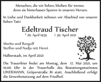 Traueranzeige von Edeltraud Tischer  von Magdeburger Volksstimme