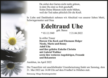 Traueranzeige von Edeltraud Uhe (geb. Banse)  von Magdeburger Volksstimme