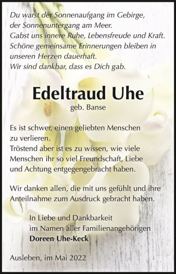 Traueranzeige von Edeltraud Uhe (geb. Banse)  von Magdeburger Volksstimme