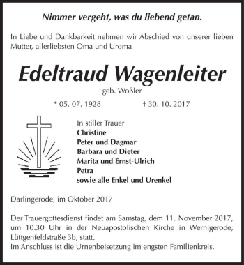 Traueranzeige von Edeltraud Wagenleiter (geb. Woßler)  von Magdeburger Volksstimme