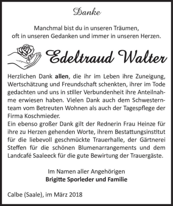 Traueranzeige von Edeltraud Walter  von Magdeburger Volksstimme