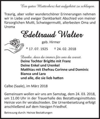 Traueranzeige von Edeltraud Walter (geb. Hirmer)  von Magdeburger Volksstimme