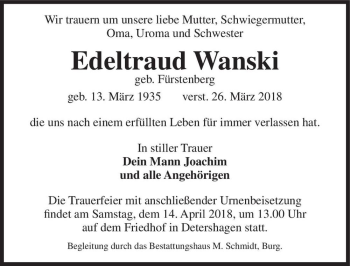 Traueranzeige von Edeltraud Wanski (geb. Fürstenberg)  von Magdeburger Volksstimme