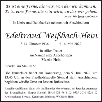 Traueranzeige von Edeltraud Weißbach-Hein  von Magdeburger Volksstimme