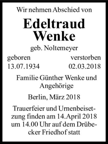 Traueranzeige von Edeltraud Wenke (geb. Noltemeyer)  von Magdeburger Volksstimme