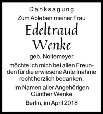 Traueranzeige von Edeltraud Wenke (geb. Noltemeyer)  von Magdeburger Volksstimme