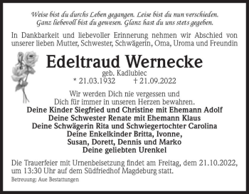 Traueranzeige von Edeltraud Wernecke (geb. Kadlubiec)  von Magdeburger Volksstimme