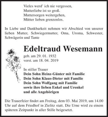 Traueranzeige von Edeltraud Wesemann  von Magdeburger Volksstimme