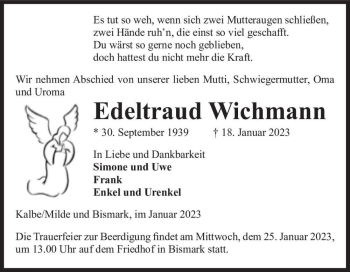 Traueranzeige von Edeltraud Wichmann  von Magdeburger Volksstimme