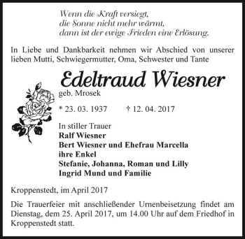 Traueranzeige von Edeltraud Wiesner (geb. Mrosek)  von Magdeburger Volksstimme