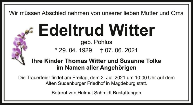  Traueranzeige für Edeltraud Witter (geb. Pohlus)  vom 19.06.2021 aus Magdeburger Volksstimme