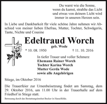 Traueranzeige von Edeltraud Worch (geb. Wode)  von Magdeburger Volksstimme